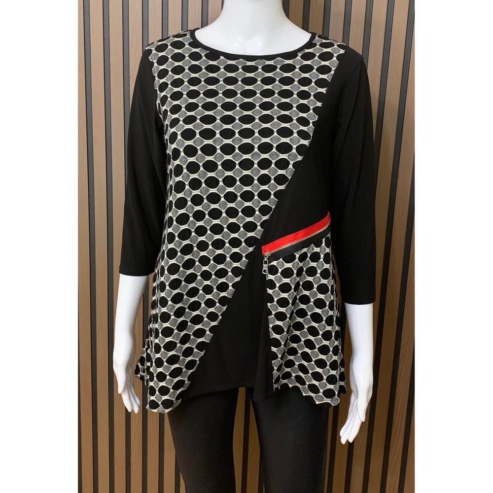 Ali Miles Tunic Top PS Black Honeycomb Red Zipper 3/4 Sleeve Blouse Lagenlook